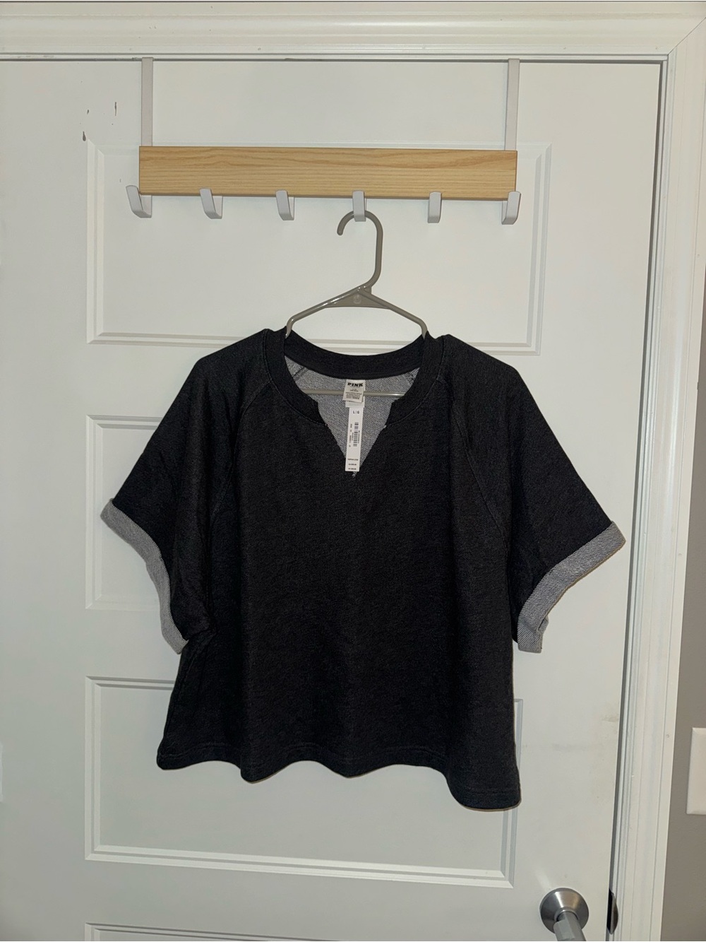 PINK Victoria's Secret Black Short Sleeve Sweatshirt Top with Gray Trim